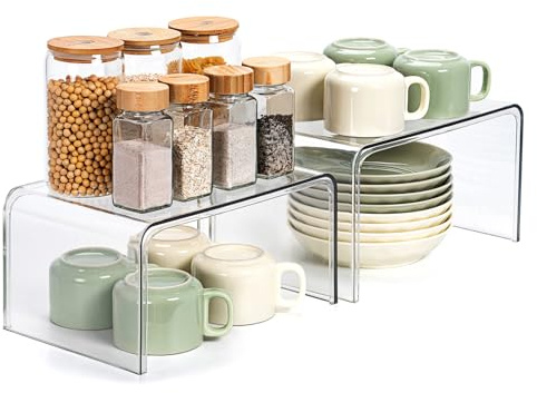 Klares Küchenschrank Organizer, 2 Modern Gewürz Organizer Küche, Küchen-Organizer, Stapelregal, Gewürzregal Stehend, Gewürztreppe, Kücheneckregal für Arbeitsplatte Küche Deko, Tassenregal, Tischregal