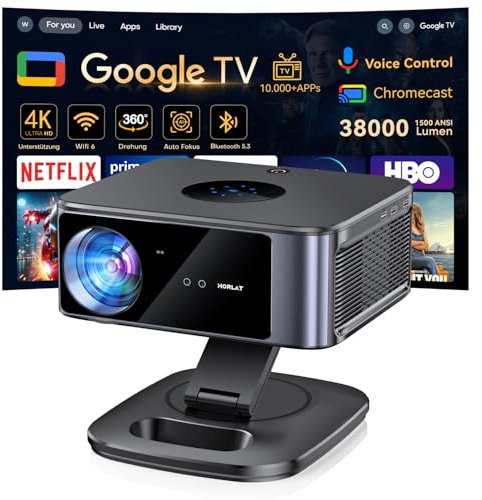 Beamer【Google TV/Autofokus & 1500 ANSI】 Full HD 1080P HORLAT Beamer 4K Heimkino mit WiFi 6, Bluetooth 5.3, Sprachassistent, um 360° drehbarer Ständer Projektor