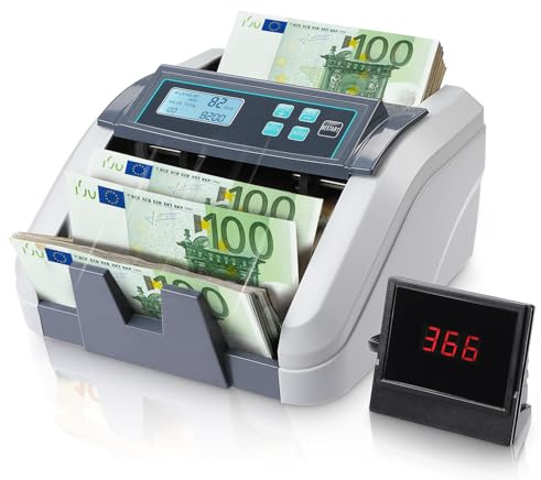 MUNBYN IMC51 Geldzählmaschine für Einzelwert, Wert der Währung kann nicht automatisch erkannt werden,Add+Batch Modus Geldscheinzähler, UV/MG/IR/MT-Erkennung, nur EUR-Geldzähler, 1100 Blatt/min, Grau