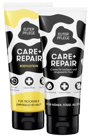 EUTERPFLEGE Pflegecreme-Set, für trockene Haut, 2x 200 ml, parfümfrei | 1x Care+Repair und 1x Körperlotion,Feuchtigkeitscreme für Hand und Körper, Allergiker geeignet
