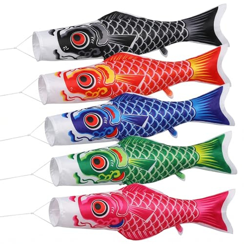 5 Stück Windsack für Draußen, Japanische Karpfen Windsackflagge 40cm, Koinobori Flagge Set, Bunte Fischfahne WindspielLuftschlangen für Garten Deko, Sushi Bar, Wetterfest Traditioneller Anhänger