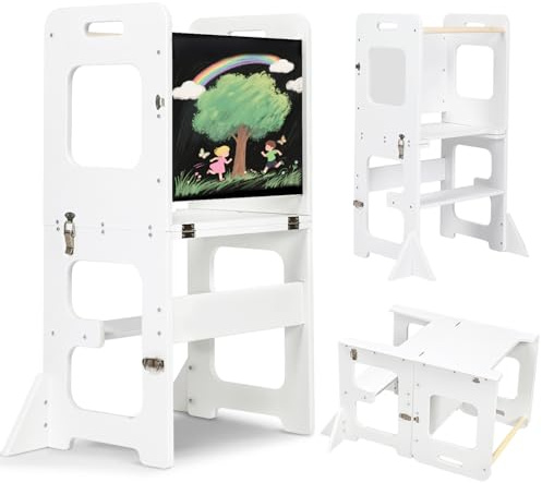 Labebe Lernturm für Kinder, Montessori Faltbarer Lernturm mit Tafel, Multifunktion 3 in 1 Learning Tower, Höchste Sicherheit für Kinder ab 18 Monate für Küche Tisch Bad Lernstuhl Lerntower（Weiß）