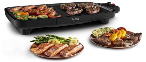 Tefal Plancha Booster Tischgrill, 2200 W, extra große Grillfläche, Boost-Zone, 6 Temperaturstufen, durchgängige Grillplatten, inklusive Fettablaufrinne, Thermo-Spot, Schwarz, CB6428
