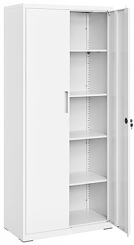 SONGMICS Aktenschrank, Doppeltüren, Schloss, 5 Ebenen, 80 x 40 x 180 cm | Mehrzweckschrank, Aufbewahrungsschrank, verstellbare Ablagen, Werkzeug, Mattweiss, BEREND Kollektion OMC015W01