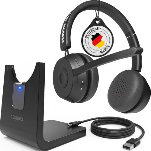 GEQUDIO Bluetooth Headset mit Mikrofon & Ladestation, GB2+, 500h Standby | Noise Cancelling · Multipoint · kabellos · für PC, Mac & Laptop · Home Office & Business · inkl. Ladeschale