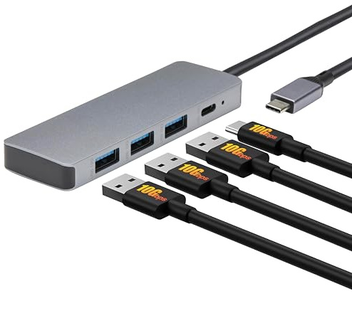 Amazon Basics USB-Hub-Dock für USB 3.2/3.1 2. Generation, 10 Gbit/s, USB-C auf 1 x USB-C / 3 x USB-A, geeignet für Windows/Mac, Silber, Schwarz