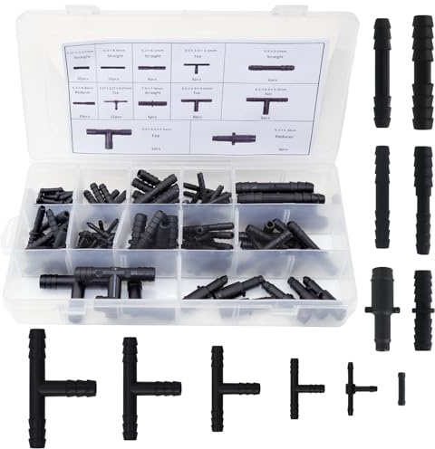 113 Stück T-Verbinder Schlauchverbinder Set, Schlauchverbinder Auto 12 Größen Schwarz T-Schlauchverbinder, für Gärten Schläuche BewäSserung Anschluss Kit KFZ Tropf Sprinkler Anlagen