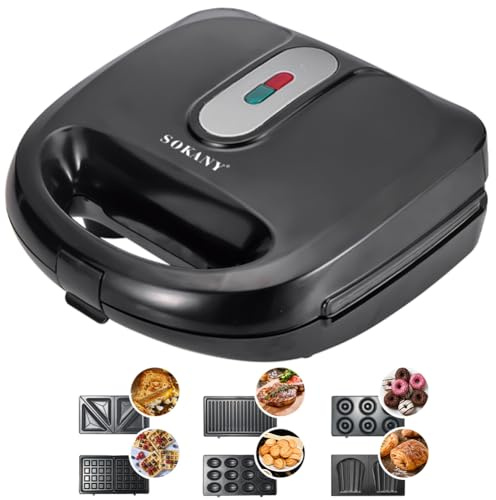 SOKANY 6-in-1 Multifunktionsgerät - Sandwichmaker, Waffeleisen, Kontaktgrill, DonutMaker, Oreschki, Mini Kuchenform. Antihaftbeschichtete Platten Doppelseitiges Backen Automatische Temperaturregelung