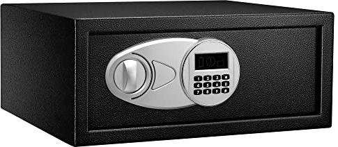Amazon Basics Tresor aus Stahl, Sicherheit für Zuhause, mit digitaler Tastatursperre – für Bargeld, Schmuck, Ausweise, Dokumente, 20 l, 43 cm x 37 cm x 18 cm (B x T x H), Schwarz