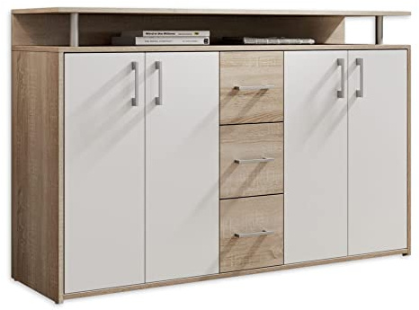 DRIFT Sideboard mit Ablage in Eiche Sonoma Optik, Weiß - Moderne Kommode mit Schubladen und viel Stauraum für Ihren Wohnbereich - 139 x 90 x 34 cm (B/H/T)