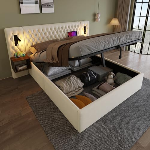 RIAZOS Polsterbett Doppelbett Bettanlage 180 x 200 cm mit 2X Nachtkommoden & 4 Schubladen, Kopfteil mit LED & USB Ladefunktion - Hydraulisch Stauraumbett, Samt, Ohne Matratze