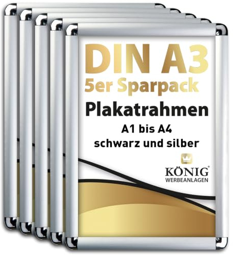 Dreifke 5 Plakatrahmen DIN A3 | abgerundete Ecken | 25mm Alu Profil, silber | inkl. entspiegelter Schutzscheibe | Alu Klapprahmen Wechselrahmen Posterrahmen | 5er Sparpack