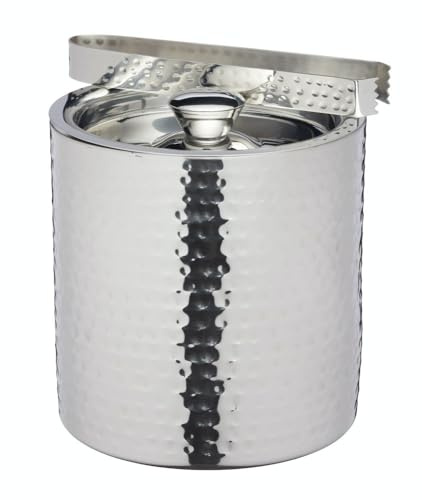BarCraft Eiskübel, Edelstahleimer mit Deckel und Zange in silberner Hammerschlagoptik, 1,5 Liter, 15,5 x 16cm