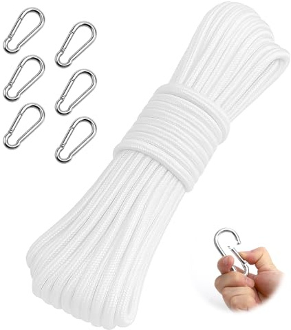 APOMOONS 20M Fahnenmast Zubehör Seile, 6mm Flaggenseil aus Starkem Polyester, Sonnensegel Seil, Rope für Bootsseil Zugseil Haus Außenbereich, Fahnenseil Wetterfest mit 6 Karabinerhaken (Weiß)