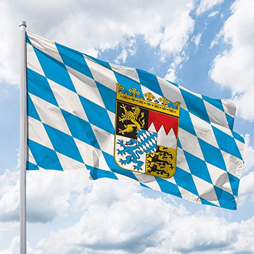 Bayern Flagge – 200 x 120 cm für Fahnenmast, Bayern Fahne mit Wappen & Raute, Hissflagge aus reißfestem Fahnen-Polyester-Stoff, wetterfest und UV-beständig