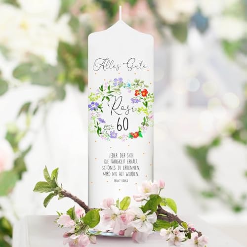 Weiße Geburtstagskerze Farbenfroher Blumenkranz mit Wunschdaten Geschenkidee Geburtstag, Geburtstagskerze