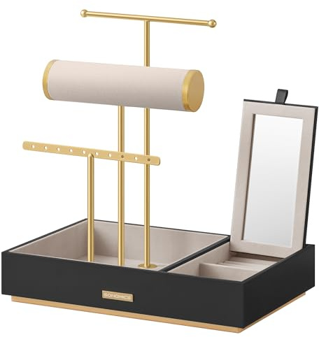 SONGMICS Schmuck Organizer mit 3 Ebenen, Samt Schmuckständer | Halter für Armbänder Halsketten Uhren Ringe, Schminktisch Deko, Taubengrau und Gold, CAELEY Kollektion JJS022B01