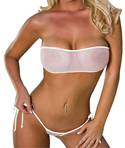ZHER-LU Damen Dreipunkt-Mesh-Bikini, Sommer, Strand, durchsichtiges Netz-Bandeau-Top, Mini-brasilianischer Tanga-Unterteil