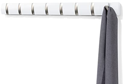 Umbra Flip 8 Garderobenhaken – Moderne, Schlichte und Platzsparende Garderobenleiste mit 8 Beweglichen Haken für Jacken, Mäntel, Schals, Handtaschen und Mehr, Weiss/Nickel