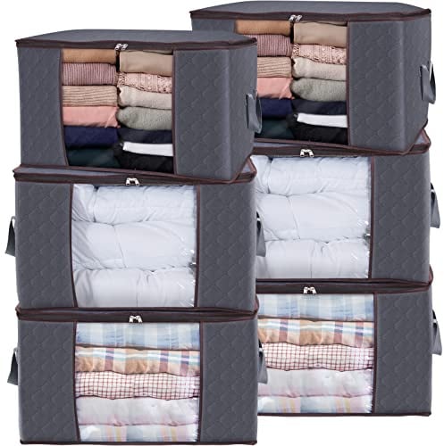 Lifewit 6 Stück 90L Aufbewahrungstasche, Aufbewahrungsbox mit Deckel, Groß Kleideraufbewahrung Umzugskartons, Faltbare Aufbewahrung Boxen für Bettdecken Decken Kleidung Unterbett Kleiderschrank, Grau