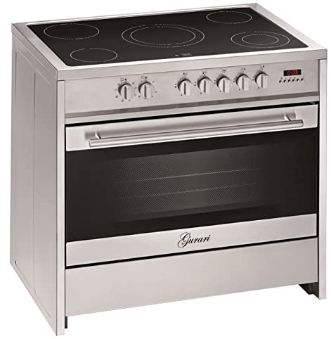 GURARI Elektro Standherd GCH E 912 X Range Coocker Freistehender Glaskeramik Herd 90 cm 121 L | Heißluft | Grill | 5 Hi-Light Zonen Kochfeld | Teleskopauszug | Edelstahl mit verspiegeltem Glas