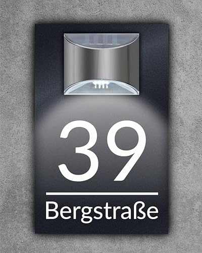 Premium Hausnummer beleuchtet mit LED Solar | individuell anpassbar | Acrylglas Anthrazit Matt | Wetterfest| H1023