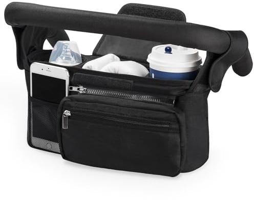 Kinderwagen Organizer Universal mit Isolierten Getränkehalter/Becherhalter, Momcozy Buggy Kinderwagentasche Baby Zubehör mit Reißverschlusstasche, Schultergurt und Stauraum für Windeln&Handys, Schwarz