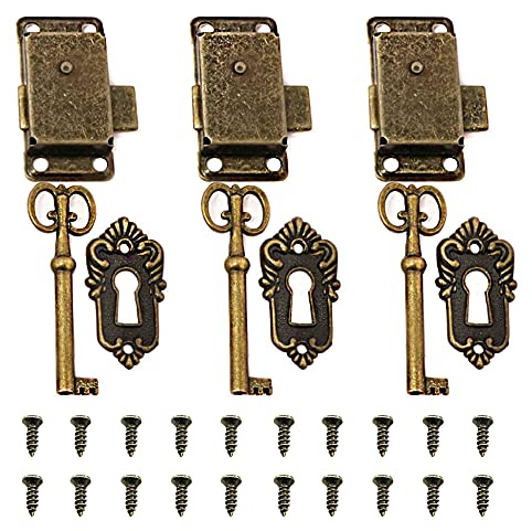 Tingz 3 Stücke Schranktürschloss Antiken Schrank Schloss Möbelschloss mit Schlüssel und Schrauben Schließfächer Türschloss für Briefkästen,Schließfächer, Schränke,Werkzeugkasten(Bronze)