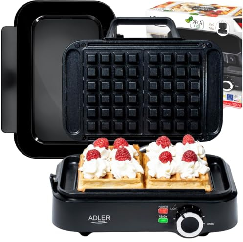 Adler Europe Waffeleisen | Mini Waffeleisen 2000W | waffeleisen doppelt | Antihaftbeschichtete Platten | Temperaturregelung | doppelwaffeleisen | Tiefe Backplatten für Perfekte Waffeln