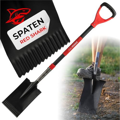 STREND PRO Spaten | Premium RedShark Gärtnerspaten | Eckige mit Fiberglasstiel | D Spatenstiel | Geradespaten für Garten mit Stabiler Stahlkopf |für Harte, steinige Böden|Wurzelspaten Gartenarbeit