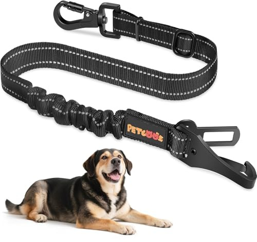 PETCOOZ Hundegurt Auto, Anschnallgurt Hund Auto, Schwarz | Verstellbar von 58–92 cm, 3 Befestigungsarten, Elastische Ruckdämpfung, Stabiler Karabiner für alle Hunderassen und Autotypen