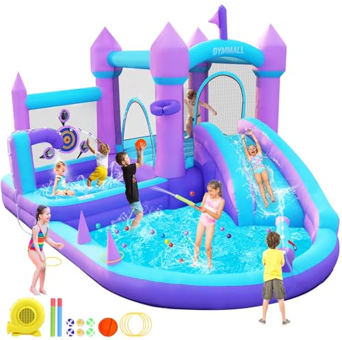 GYMMALL Aufblasbare Hüpfburg für Kinder von 3-8 Jahren, Lila Traumhaus mit Wasserrutsche und 480W Gebläse, Große Hüpfburg mit Sprungfläche, Bällebad, Pool, Ringwurf und Basketballkörben