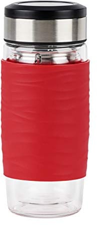 Emsa N20804 Tea Mug Teebecher aus doppelwandigem Glas, 0,4 Liter, herausnehmbares Sieb, 100% dicht, auslaufsicher, spülmaschinengeeignet, 360°-Trinköffnung, Rot