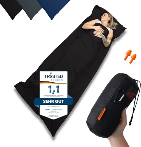SEESCHWALBE Hüttenschlafsack Baumwolle - Hüttenschlafsack Ultraleicht - Schlafsack Kleines Packmaß Inlett mit Kissenfach - Kompakt & Klein (Schwarz)