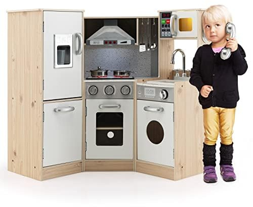 FANTASK Kinderküche mit zubehör, Spielküche Holz mit Licht & Sound, Eckküche Kinder inkl. Spüle Ofen Mikrowelle Kochherd, Spielzeugküche für Kinder ab 3 Jahren, Modell 1