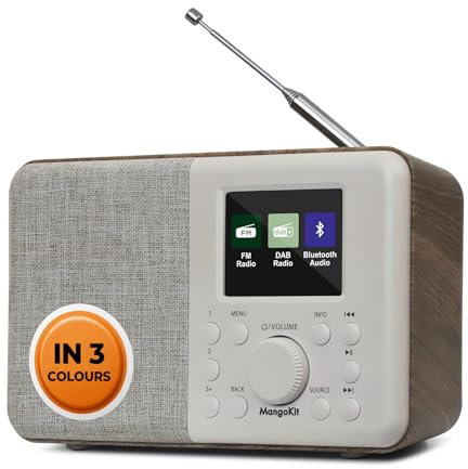 MangoKit MD3 DAB/DAB+ und UKW Tragbares Digitalradio, Bluetooth, Walnuss | USB-C Netz-oder 12h AA-Batteriebetrieb,Wecker und Uhr,Snooze und Sleep, Kopfhöreranschluss, EQ-Modi,40 voreingestellte Sender
