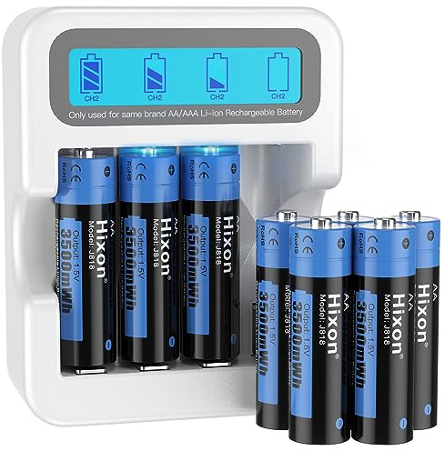 Hixon Lithium AA Batterien, Wiederaufladbare 1,5V AA Lithium Akku, 3500mWh und 1600 Lange Zyklen, 8 Stück Lithium 1,5V Double A Akku mit Weißem Schnelles Aufladen LCD-Display Ladegerät