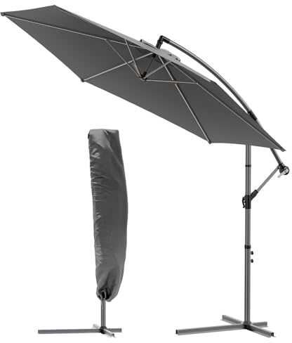VOUNOT Ampelschirm 300 cm, Sonnenschirm mit Ständer, Kurbel, Windsicherung und Abdeckung, 360° drehbar & neigbar, Stabiler Gartenschirm für Terrasse, Balkon & Garten, Marktschirm UV-Schutz, Grau