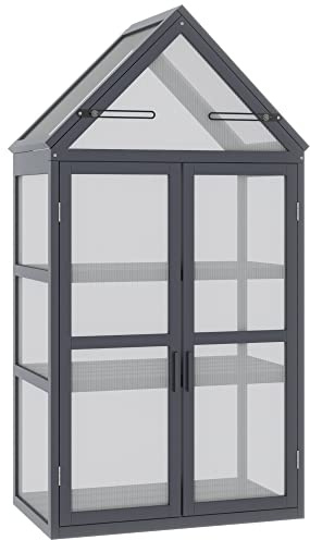 Outsunny Frühbeet Pflanzenbeet mit 3 Ebenen, aufklappbarem Dach wetterfest Mini Gewächshaus mit Doppeltüren Treibhaus aus Holz Polycarbonat Natur 70,5 x 42 x 132 cm