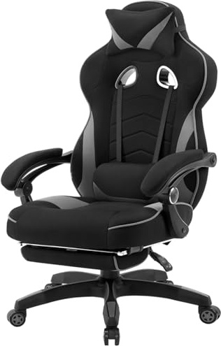 WOLTU Gaming Stuhl,Erwachsenen Computersessel,BreiteSitzkissen,Schwarz+Grau | Ergonomischer,150 kg Belastbarkeit,Verstellbarer Rückenlehne,Lendenstütze,Fußstütze