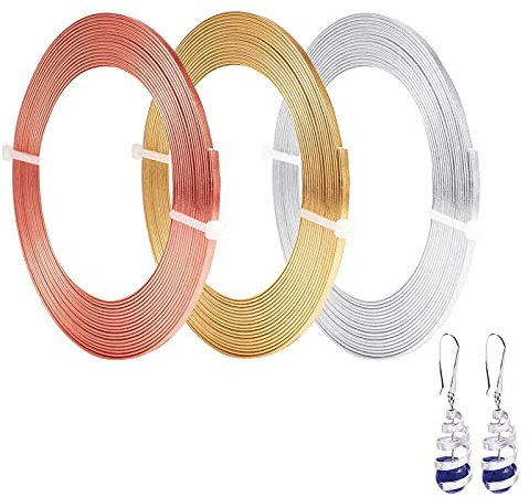 Cinvo Flacher Basteldraht, Schmuckdraht, flexibler Aluminiumdraht, anlaufgeschützt, für Lünetten, Modellieren, Basteln, Schmuckherstellung, 1 mm Dicke, 3 mm Breite, Silber, Gold und Roségold, 3 Rollen
