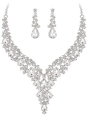 Clearine Hochzeit Schmuck-Set Tropfen Strass Cluster Statement Halskette und Ohrhänger-Set Kostümschmuck für Damen Klar Silber-Ton
