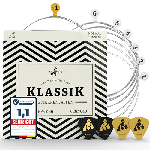 BELFORT Gitarrensaiten Konzertgitarre, Saiten für klassische Gitarre aus Nylon und Silber, Akustikgitarre (6-Saiten Set) - Inkl. 4 Plektren + extra hoher E-Saite für Konzert Gitarren (Guitar Strings)
