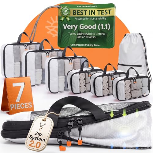 Compression Packing Cubes Set - Packwürfel Koffer Organizer Set Kompression | 50-80l, grau, 2x mehr Platz im Koffer & Rucksack, reißfest, wasserfestes Fach, Backpacking, Sightseeing, Familienausflüge