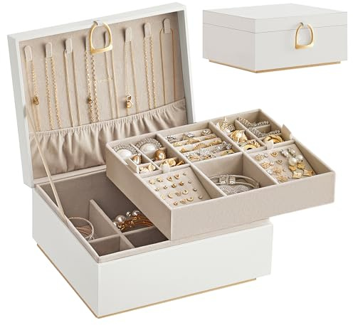 SONGMICS Schmuckkästchen 2 Ebenen, Schmuckkasten mit Griff, flexibles Schmucktablett, Schmuckbox, Schmuckaufbewahrung, schwebender Effekt, 20,5 x 24 x 11 cm, Geschenkidee, weiß JBC165W01