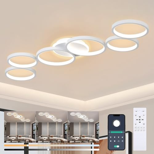 113cm LED Deckenleuchte Dimmbar Wohnzimmer Deckenlampe Weiß Wohnzimmerlampe | 69W Schlafzimmerlampe Fernsteuerung und App Steuerung, Modern 6-Rund Ring Deckenbeleuchtung mit Memory Funktion