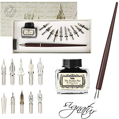 hhhouu Schönschreibfüller Holzstift Handgefertigtes Kalligraphie Set Anfänger mit Tinte und 11 Federn für Kunst, Schreiben, Unterschriften, Dekoration, Geschenk HO-Q-301