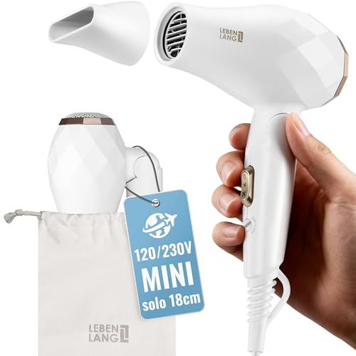 LEBENLANG Reisefön klappbar klein - Duale Spannung & Inkl. Reisetasche mit Stylingdüse I Reise Föhn stark & Föhn leise I Haartrockner klein Travel Hair Dryer Reise Fön Haarföhn Haarfön