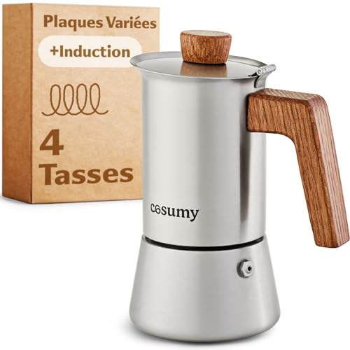 Cosumy Espressokocher Induktion für alle Herdarten - Für 4 Tassen Espresso - Mokkakanne aus Edelstahl & FSC Eichenholz - 200ml - Moka Pot Induction - Kaffeebereiter