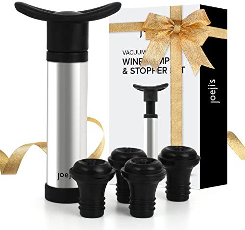 Joeji's Kitchen Weinpumpe Edelstahl mit 4 Stopfen - Wein Vakuumpumpe Frische bewahren - Wine Pump Mit Stoppers